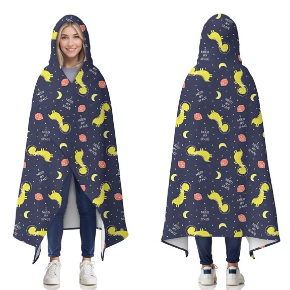 Wearable Blanket,DarkBlue Cartoon Dinosaurs Space Pattern Hooded Wearable Flannel Blanket for Adults & Teens,Winter Poncho Shawl Wrap Cape Cozy Anti-Pill,60"x80"