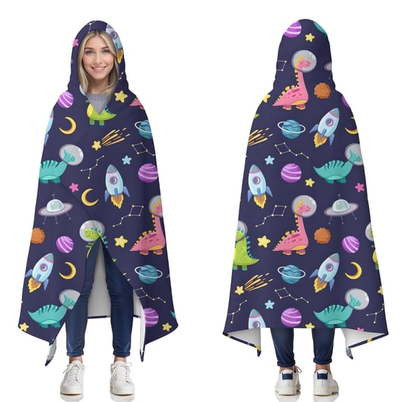 Wearable Blanket,DarkBlue Cartoon Dinosaurs Space Rockets Pattern Hooded Wearable Flannel Blanket for Adults & Teens,Winter Poncho Shawl Wrap Cape Cozy Anti-Pill,50"x60"