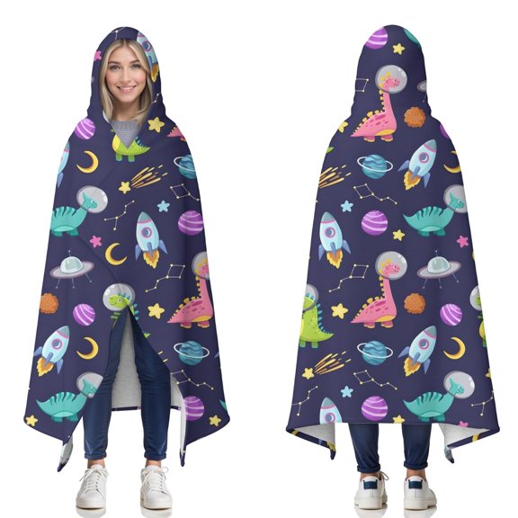 Wearable Blanket,DarkBlue Cartoon Dinosaurs Space Rockets Pattern Hooded Wearable Sherpa Blanket for Adults & Teens,Winter Poncho Shawl Wrap Cape Thick Warm,60"x80"