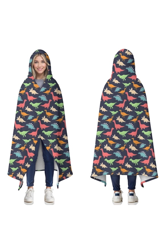 Wearable Blanket,DarkBlue Colorful Dinosaurs Pattern Hooded Wearable Sherpa Blanket for Adults & Teens,Winter Poncho Shawl Wrap Cape Thick Warm,60"x80"