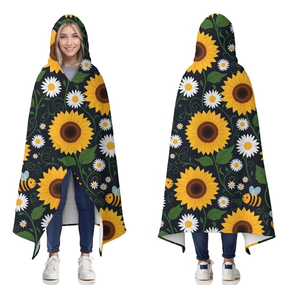 Wearable Blanket,DarkBlue Sunflower Bee Pattern Hooded Wearable Flannel Blanket for Adults & Teens,Winter Poncho Shawl Wrap Cape Cozy Anti-Pill,60"x80"
