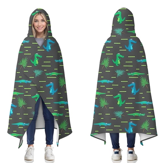 Wearable Blanket,DarkGray Cartoon Crocodiles Pattern Hooded Wearable Flannel Blanket for Adults & Teens,Winter Poncho Shawl Wrap Cape Cozy Anti-Pill,60"x80"