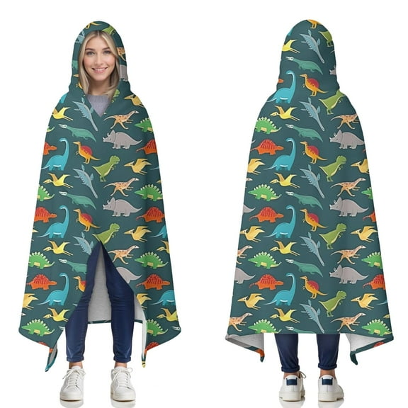 Wearable Blanket,DarkGreen Dinosaurs Birds Pattern Hooded Wearable Sherpa Blanket for Adults & Teens,Winter Poncho Shawl Wrap Cape Thick Warm,50"x60"