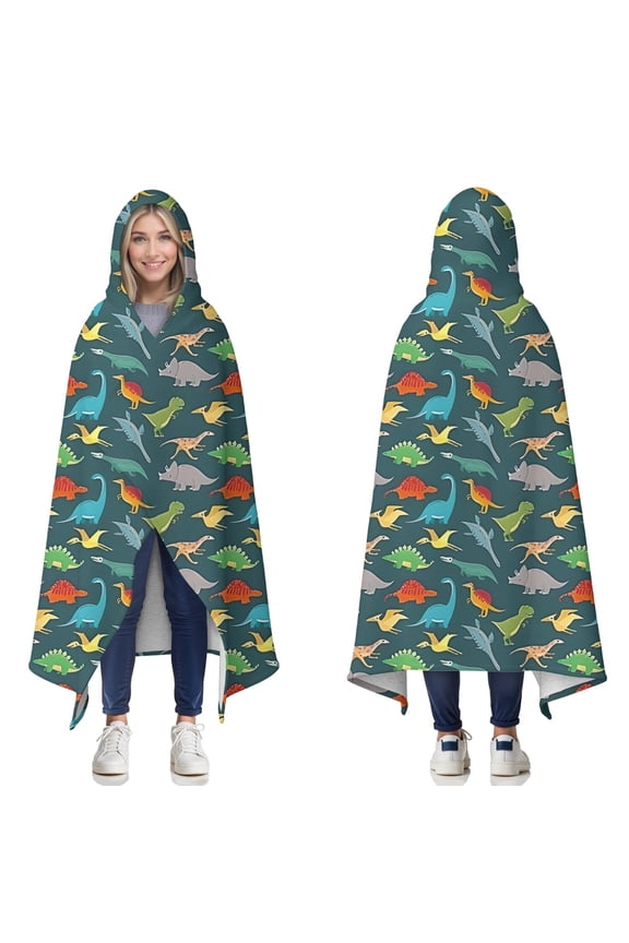 Wearable Blanket,DarkGreen Dinosaurs Birds Pattern Hooded Wearable Sherpa Blanket for Adults & Teens,Winter Poncho Shawl Wrap Cape Thick Warm,50"x60"