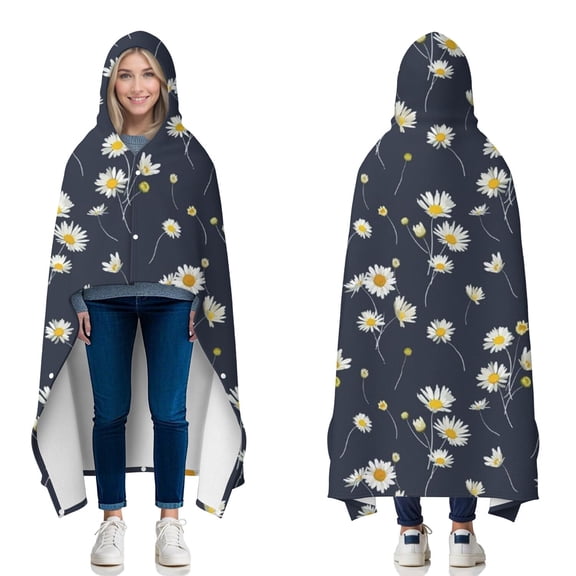 Wearable Blanket,Darkblue Daisy Flower Yellow Centers Pattern Hooded Wearable Flannel Blanket for Adults & Teens with Buckle,Winter Poncho Shawl Wrap Cape,50"x60"
