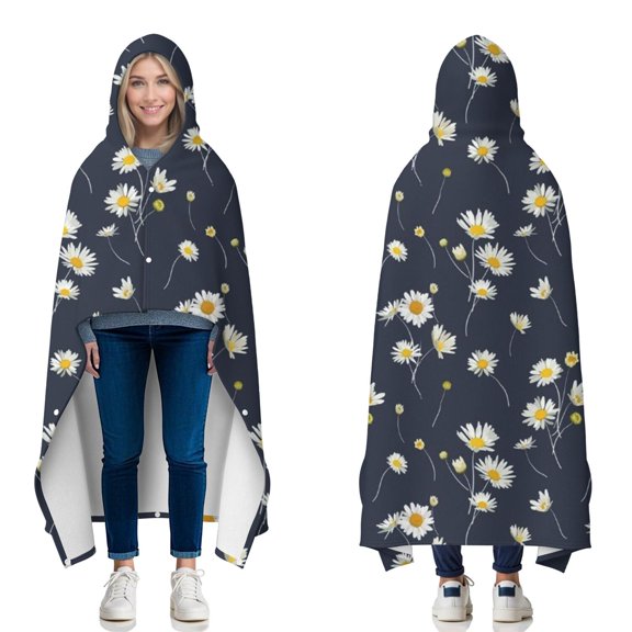 Wearable Blanket,Darkblue Daisy Flower Yellow Centers Pattern Hooded Wearable Flannel Blanket for Adults & Teens with Buckle,Winter Poncho Shawl Wrap Cape,60"x80"