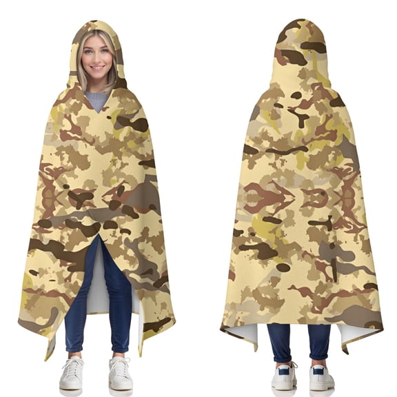 Wearable Blanket,Desert Camo Beige Pattern Hooded Wearable Flannel Blanket for Adults & Teens,Winter Poncho Shawl Wrap Cape Cozy Anti-Pill,50"x60"