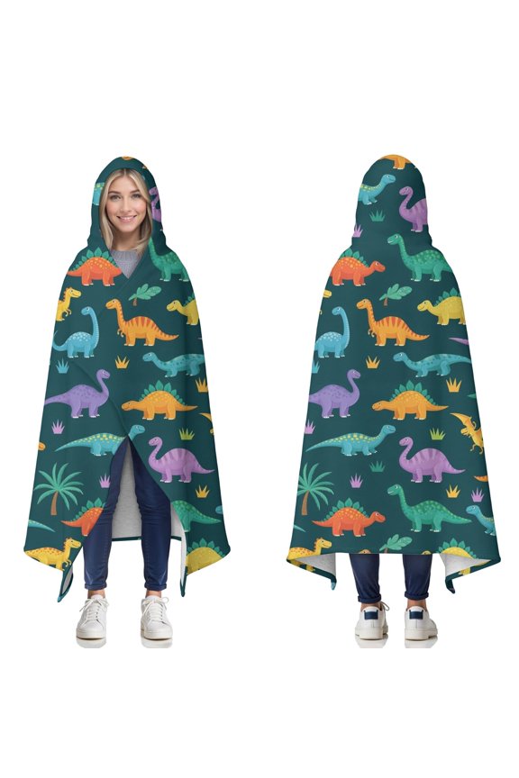 Wearable Blanket,Dinosaur and Palm Tree Pattern Hooded Wearable Sherpa Blanket for Adults & Teens,Winter Poncho Shawl Wrap Cape Thick Warm,50"x60"