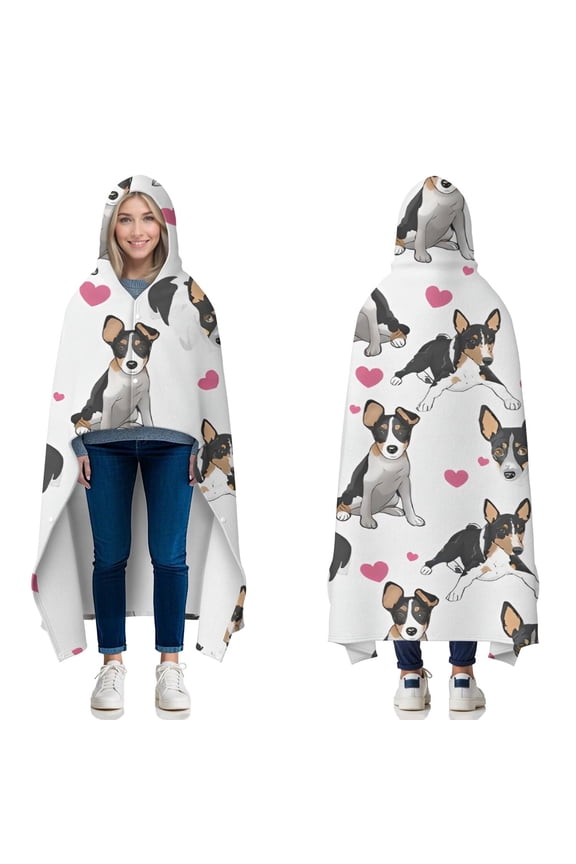 Wearable Blanket,Dog Pattern with Hearts Hooded Wearable Flannel Blanket for Adults & Teens with Buckle,Winter Poncho Shawl Wrap Cape,50"x60"