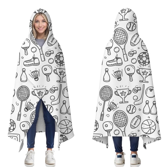 Wearable Blanket,Doodle Sports Icons Pattern Hooded Wearable Sherpa Blanket for Adults & Teens,Winter Poncho Shawl Wrap Cape Thick Warm,60"x80"