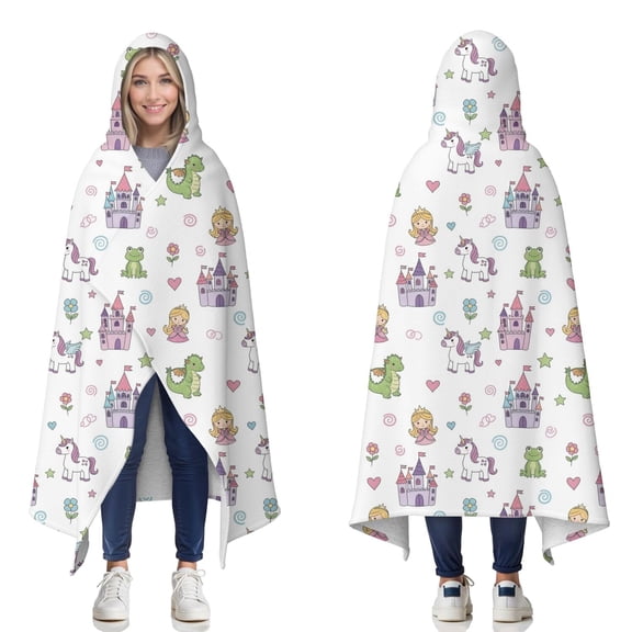 Wearable Blanket,Fairy Tale Princess Pattern Hooded Wearable Sherpa Blanket for Adults & Teens,Winter Poncho Shawl Wrap Cape Thick Warm,50"x60"