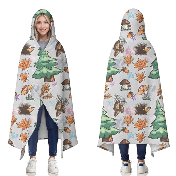 Wearable Blanket,Fall Hedgehog Pattern Hooded Wearable Sherpa Blanket for Adults & Teens,Winter Poncho Shawl Wrap Cape Thick Warm,60"x80"