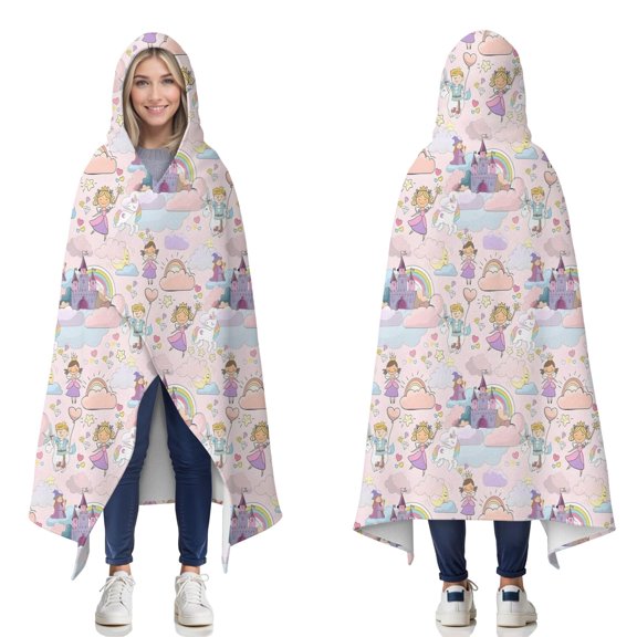 Wearable Blanket,Fantasy Princess Castle Pattern Hooded Wearable Flannel Blanket for Adults & Teens,Winter Poncho Shawl Wrap Cape Cozy Anti-Pill,60"x80"