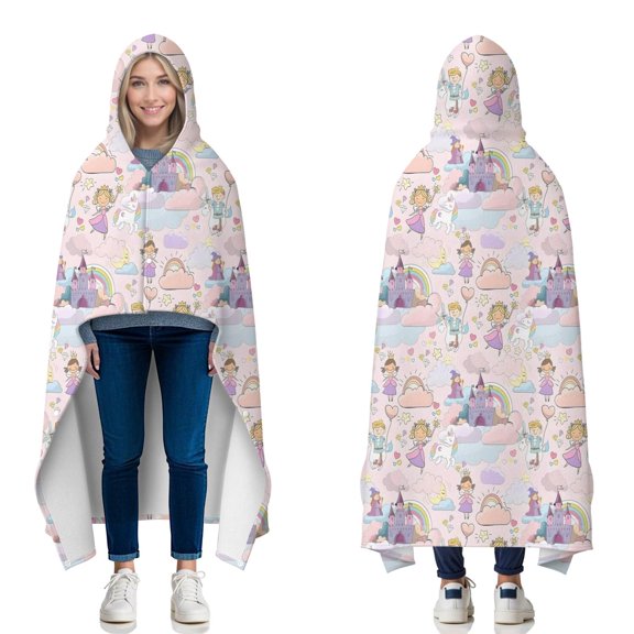 Wearable Blanket,Fantasy Princess Castle Pattern Hooded Wearable Flannel Blanket for Adults & Teens with Buckle,Winter Poncho Shawl Wrap Cape,60"x80"