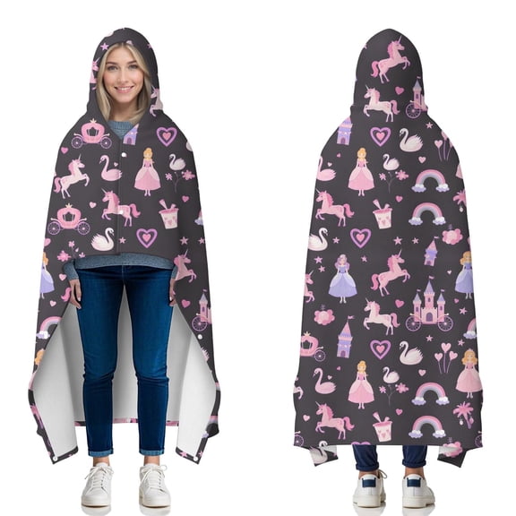 Wearable Blanket,Fantasy Princess Unicorn Pattern Hooded Wearable Flannel Blanket for Adults & Teens with Buckle,Winter Poncho Shawl Wrap Cape,50"x60"