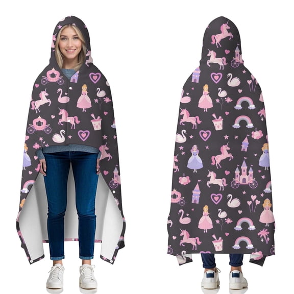 Wearable Blanket,Fantasy Princess Unicorn Pattern Hooded Wearable Flannel Blanket for Adults & Teens with Buckle,Winter Poncho Shawl Wrap Cape,60"x80"