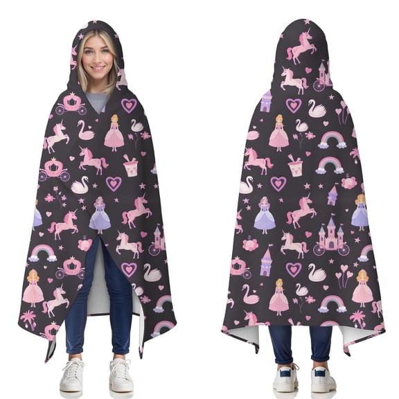 Wearable Blanket,Fantasy Princess Unicorn Pattern Hooded Wearable Flannel Blanket for Adults & Teens,Winter Poncho Shawl Wrap Cape Cozy Anti-Pill,60"x80"