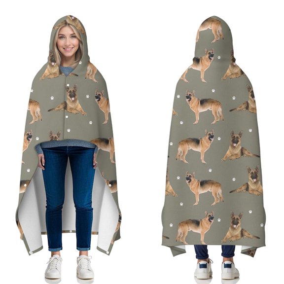 Wearable Blanket,German Shepherd Dog and Footprint Hooded Wearable Flannel Blanket for Adults & Teens with Buckle,Winter Poncho Shawl Wrap Cape,50"x60"