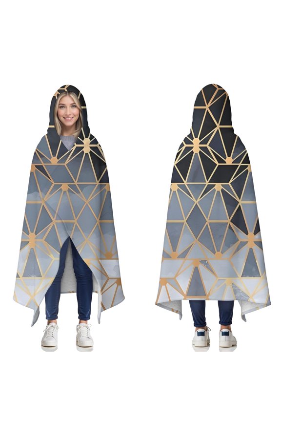 Wearable Blanket,Gold Black Checkered Pattern Hooded Wearable Sherpa Blanket for Adults & Teens,Winter Poncho Shawl Wrap Cape Thick Warm,60"x80"