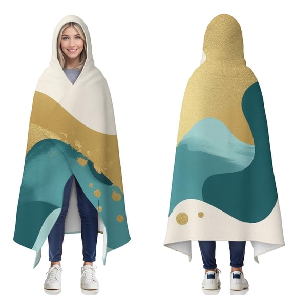 Wearable Blanket,Gold Teal Blue Marble Hooded Wearable Flannel Blanket for Adults & Teens,Winter Poncho Shawl Wrap Cape Cozy Anti-Pill,50"x60"