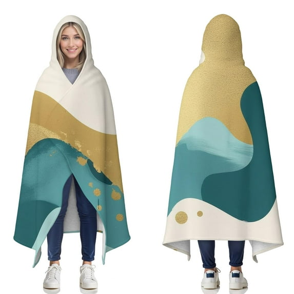 Wearable Blanket,Gold Teal Blue Marble Hooded Wearable Sherpa Blanket for Adults & Teens,Winter Poncho Shawl Wrap Cape Thick Warm,60"x80"