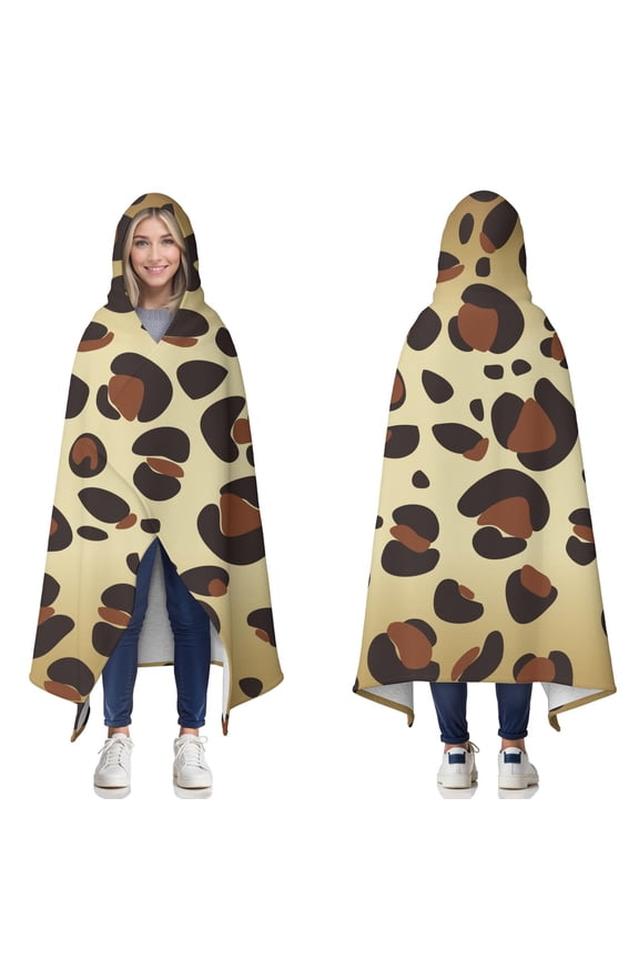 Wearable Blanket,Gold and Brown Of Leopard Print Hooded Wearable Sherpa Blanket for Adults & Teens,Winter Poncho Shawl Wrap Cape Thick Warm,50"x60"