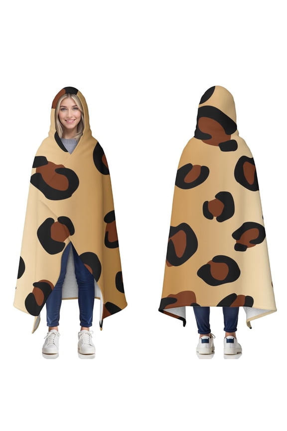 Wearable Blanket,Gold and Brown Of Leopard Print Hooded Wearable Sherpa Blanket for Adults & Teens,Winter Poncho Shawl Wrap Cape Thick Warm,50"x60"