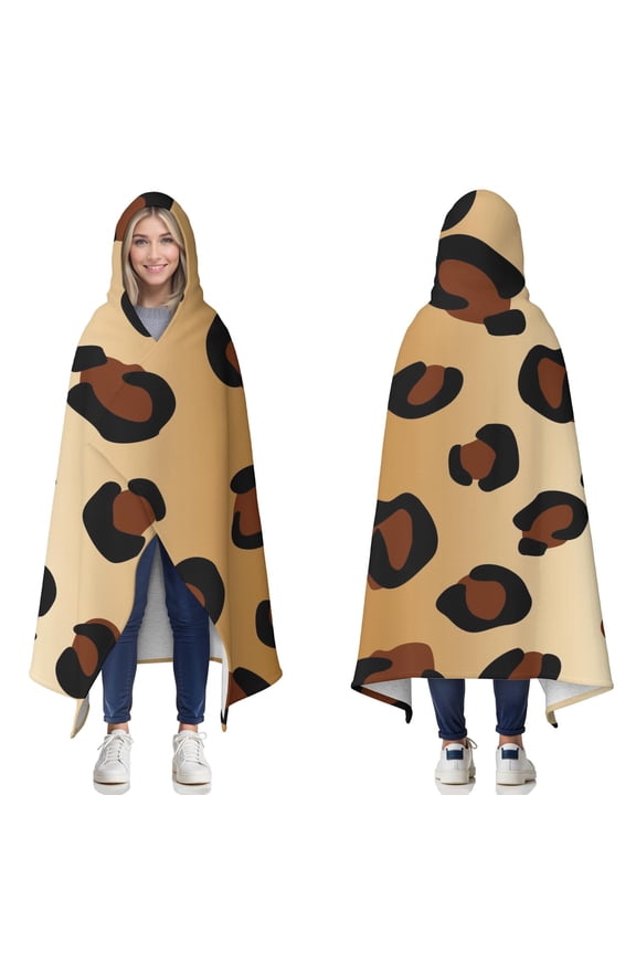 Wearable Blanket,Gold and Brown Of Leopard Print Hooded Wearable Sherpa Blanket for Adults & Teens,Winter Poncho Shawl Wrap Cape Thick Warm,60"x80"