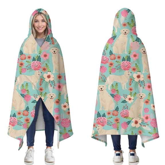 Wearable Blanket,Golden Retriever Dog and Flowers Hooded Wearable Sherpa Blanket for Adults & Teens,Winter Poncho Shawl Wrap Cape Thick Warm,50"x60"