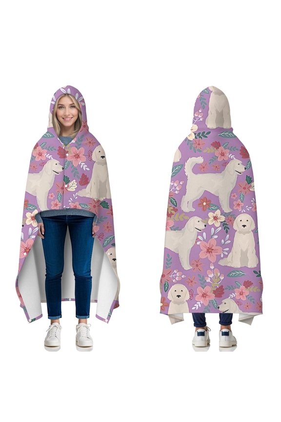 Wearable Blanket,Goldendoodle Dog and Flower Floral Hooded Wearable Flannel Blanket for Adults & Teens with Buckle,Winter Poncho Shawl Wrap Cape,50"x60"
