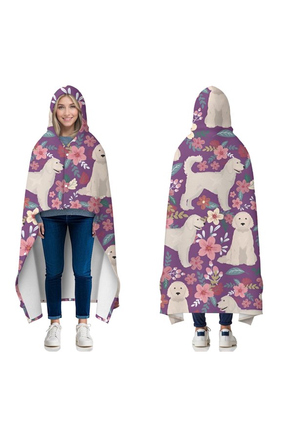Wearable Blanket,Goldendoodle Dog and Flower Floral Hooded Wearable Flannel Blanket for Adults & Teens with Buckle,Winter Poncho Shawl Wrap Cape,50"x60"