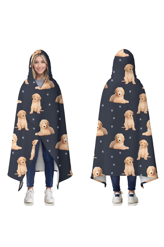 Wearable Blanket,Goldendoodle Dog Hooded Wearable Sherpa Blanket for Adults & Teens,Winter Poncho Shawl Wrap Cape Thick Warm,60"x80"