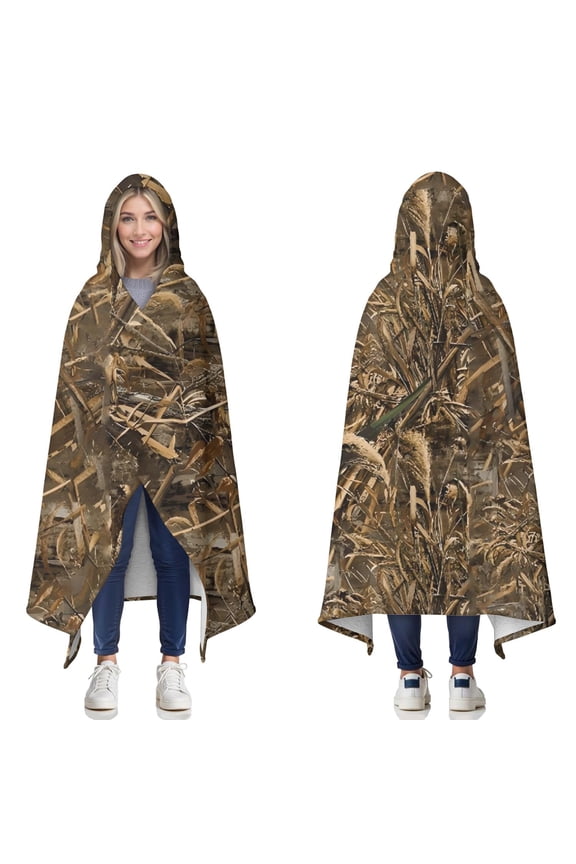 Wearable Blanket,Grassland Camo Brown Plants Pattern Hooded Wearable Sherpa Blanket for Adults & Teens,Winter Poncho Shawl Wrap Cape Thick Warm,50"x60"