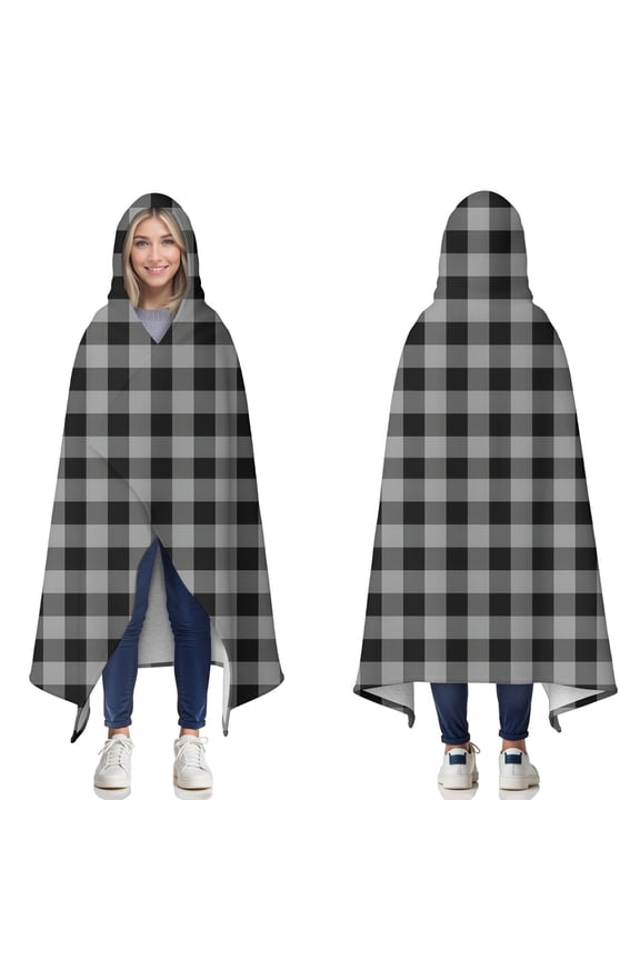 Wearable Blanket,Gray Black Checkerboard Checkered Pattern Hooded Wearable Sherpa Blanket for Adults & Teens,Winter Poncho Shawl Wrap Cape Thick Warm,50"x60"