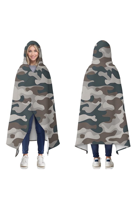 Wearable Blanket,Gray Brown Camo Wavy Shapes Pattern Hooded Wearable Flannel Blanket for Adults & Teens,Winter Poncho Shawl Wrap Cape Cozy Anti-Pill,60"x80"