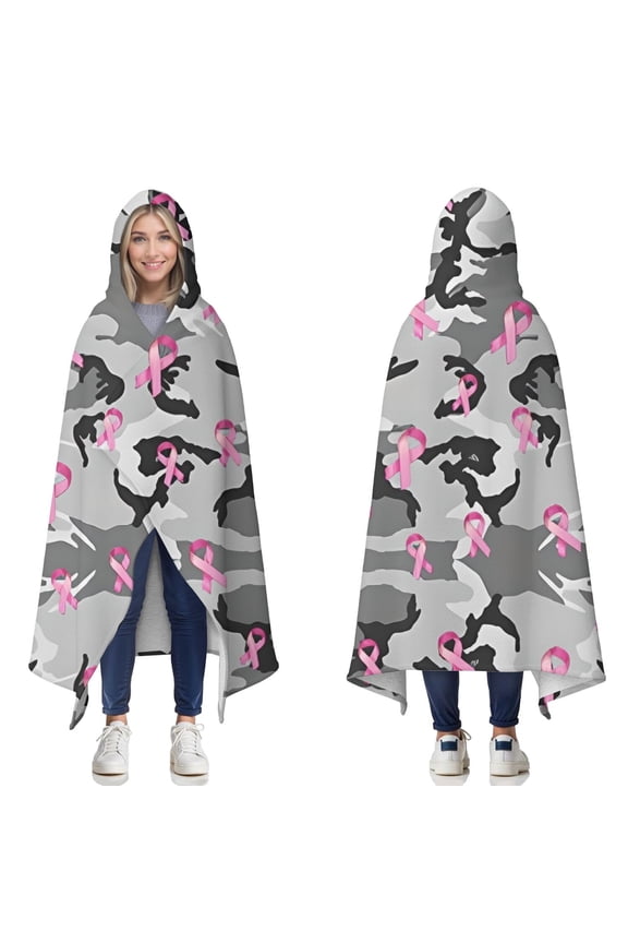 Wearable Blanket,Gray Camo Pink Ribbon Pattern Hooded Wearable Sherpa Blanket for Adults & Teens,Winter Poncho Shawl Wrap Cape Thick Warm,60"x80"