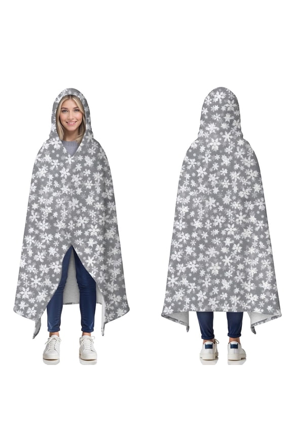 Wearable Blanket,Gray Christmas Snowflake Pattern Hooded Wearable Sherpa Blanket for Adults & Teens,Winter Poncho Shawl Wrap Cape Thick Warm,50"x60"