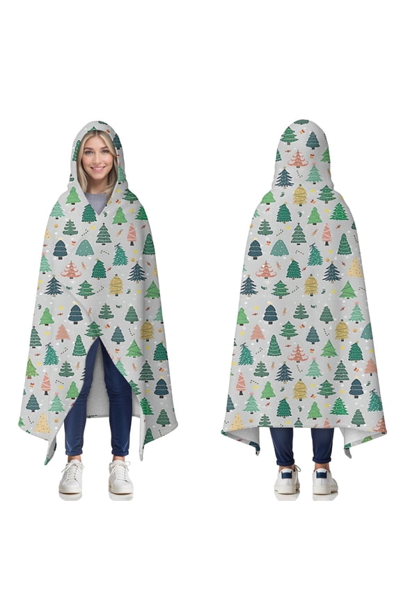 Wearable Blanket,Gray Christmas Tree Pattern Hooded Wearable Sherpa Blanket for Adults & Teens,Winter Poncho Shawl Wrap Cape Thick Warm,60"x80"