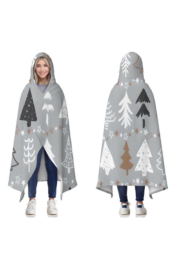 Wearable Blanket,Gray Christmas Tree Pattern Hooded Wearable Sherpa Blanket for Adults & Teens,Winter Poncho Shawl Wrap Cape Thick Warm,60"x80"