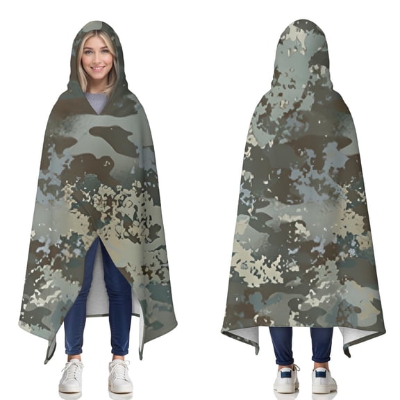 Wearable Blanket,Gray Green Camo Textured Pattern Hooded Wearable Sherpa Blanket for Adults & Teens,Winter Poncho Shawl Wrap Cape Thick Warm,50"x60"