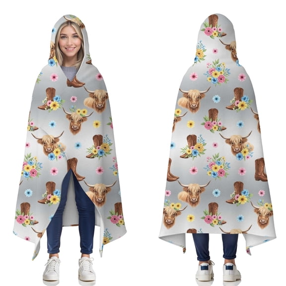 Wearable Blanket,Gray Highland Cow Flower Boot Pattern Hooded Wearable Flannel Blanket for Adults & Teens,Winter Poncho Shawl Wrap Cape Cozy Anti-Pill,60"x80"