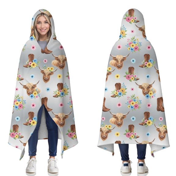 Wearable Blanket,Gray Highland Cow Flower Boot Pattern Hooded Wearable Sherpa Blanket for Adults & Teens,Winter Poncho Shawl Wrap Cape Thick Warm,60"x80"