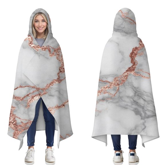 Wearable Blanket,Gray Rose Gold Marble Pattern Hooded Wearable Flannel Blanket for Adults & Teens,Winter Poncho Shawl Wrap Cape Cozy Anti-Pill,60"x80"