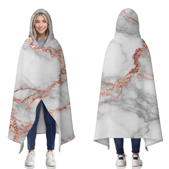 Wearable Blanket,Gray Rose Gold Marble Pattern Hooded Wearable Sherpa Blanket for Adults & Teens,Winter Poncho Shawl Wrap Cape Thick Warm,60"x80"