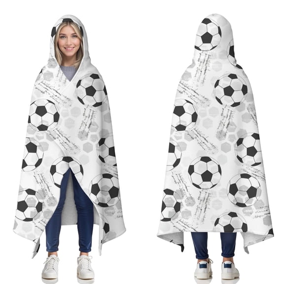 Wearable Blanket,Gray Soccer Balls Pattern Hooded Wearable Sherpa Blanket for Adults & Teens,Winter Poncho Shawl Wrap Cape Thick Warm,60"x80"