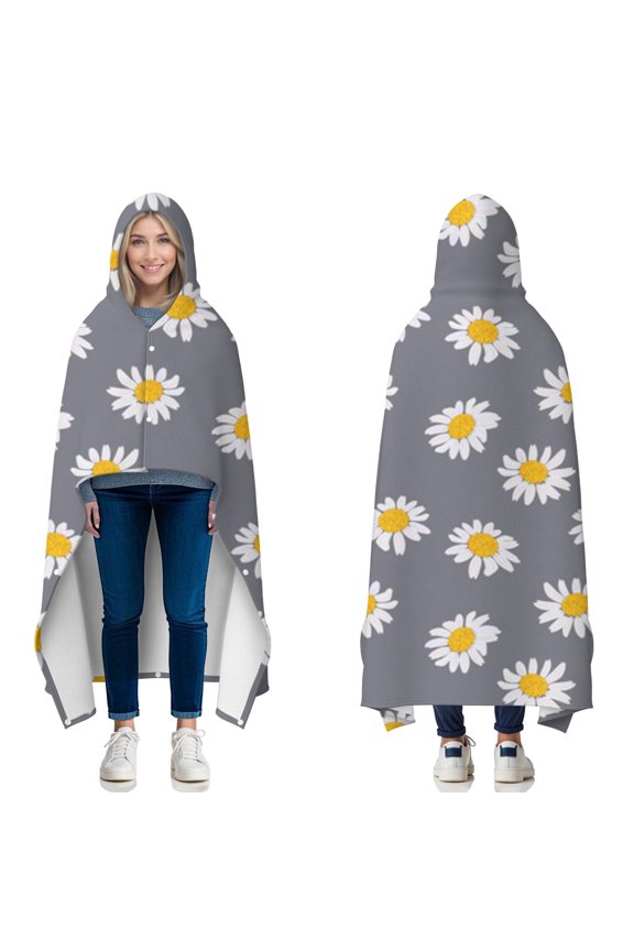 Wearable Blanket,Gray White Flower Pattern Hooded Wearable Flannel Blanket for Adults & Teens with Buckle,Winter Poncho Shawl Wrap Cape,50"x60"