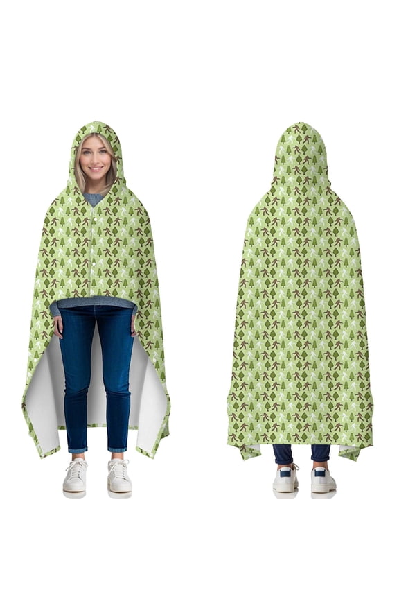 Wearable Blanket,Green Bigfoot and Tree Pattern Hooded Wearable Flannel Blanket for Adults & Teens with Buckle,Winter Poncho Shawl Wrap Cape,50"x60"