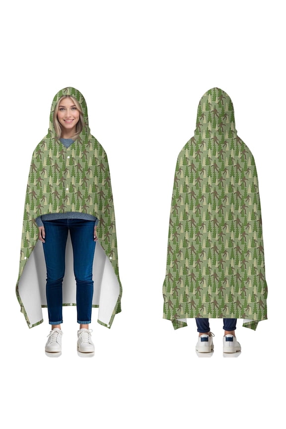 Wearable Blanket,Green Bigfoot and Tree Pattern Hooded Wearable Flannel Blanket for Adults & Teens with Buckle,Winter Poncho Shawl Wrap Cape,60"x80"