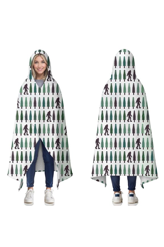 Wearable Blanket,Green Bigfoot and Tree Pattern Hooded Wearable Sherpa Blanket for Adults & Teens,Winter Poncho Shawl Wrap Cape Thick Warm,50"x60"