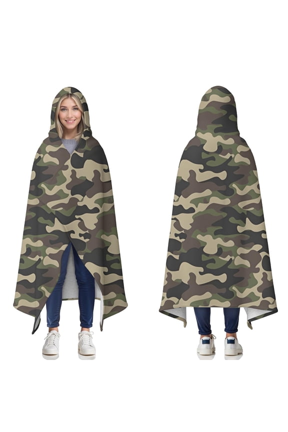 Wearable Blanket,Green Brown Camo Classic Shapes Pattern Hooded Wearable Sherpa Blanket for Adults & Teens,Winter Poncho Shawl Wrap Cape Thick Warm,50"x60"